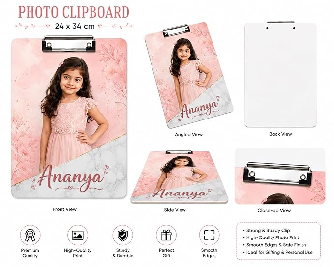 Customized Exam Pad Clipboard with Photo, Name & Logo | Lightweight Plastic Pad | Custom Clipboard for Kids Students School,Collge & Office